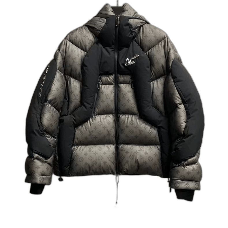 Louis Vuitton grey combined warm fluffy hooded down jacket
